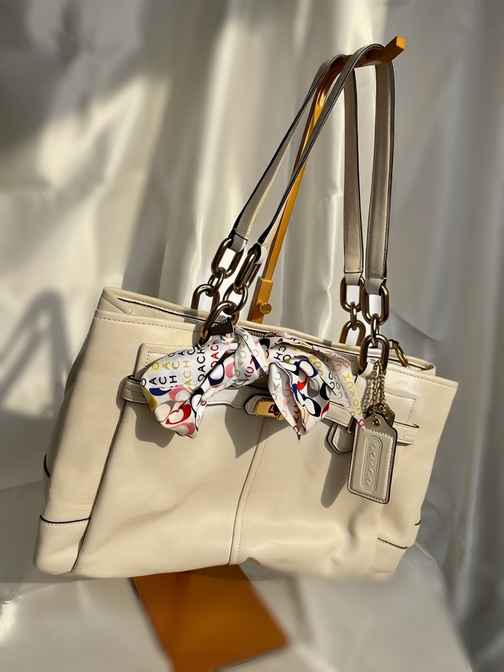 Coach White Leather Shoulder Bag with Signature Scarf Accent
